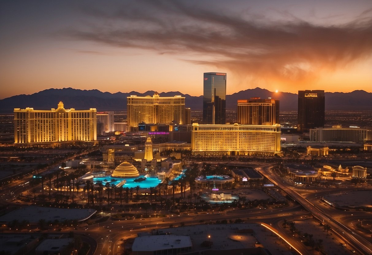 The sun sets behind the iconic Las Vegas skyline, casting a warm glow over the city's diverse array of rooftops and buildings