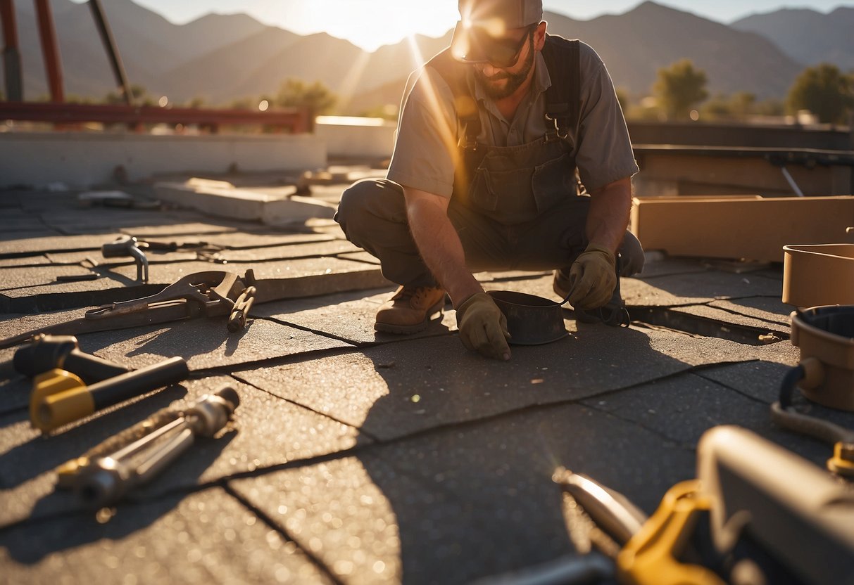 A roofer in Las Vegas repairs a damaged roof, surrounded by tools and materials. The bright sun shines down on the scene
