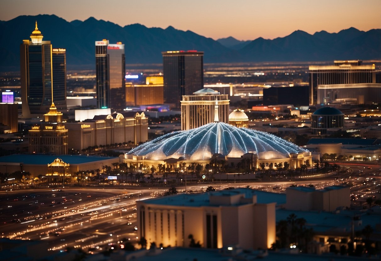 A Las Vegas skyline with a roof being repaired by workers, surrounded by FAQ bubbles about roof repair costs