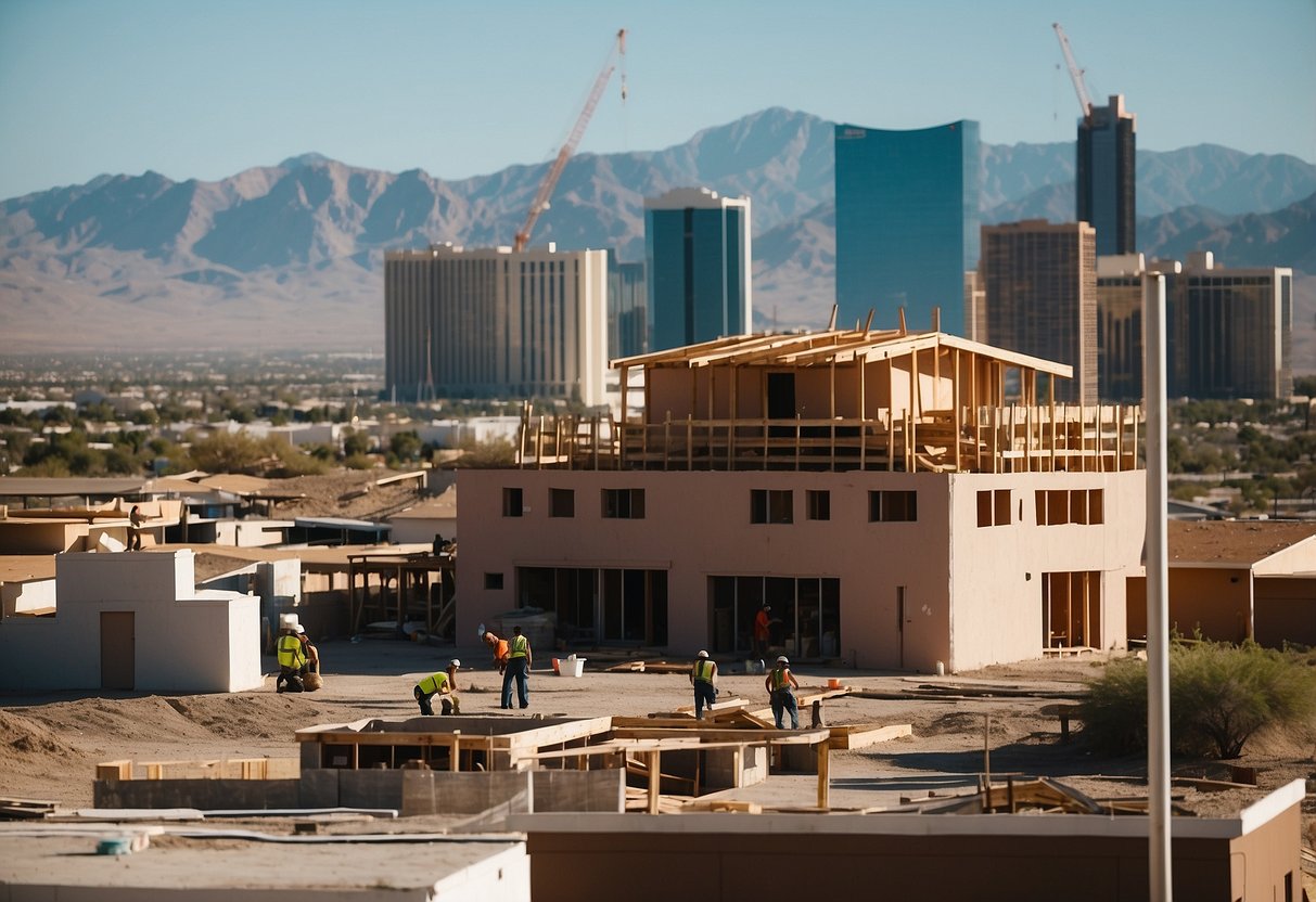 A sunny Las Vegas skyline with a residential house under construction, surrounded by roofing materials and workers