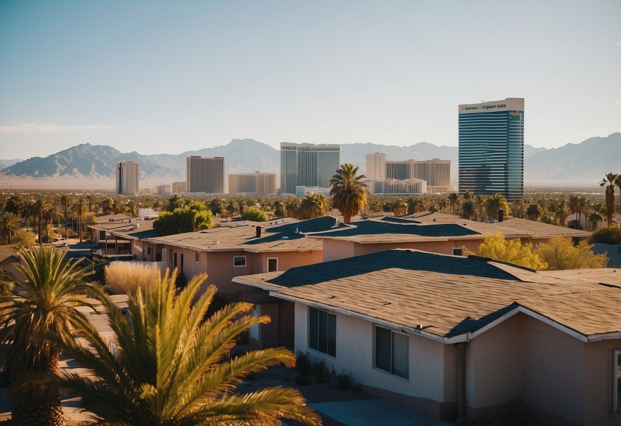 A sunny Las Vegas skyline with a residential house featuring a worn-out roof in need of replacement. Surrounding houses and palm trees in the background