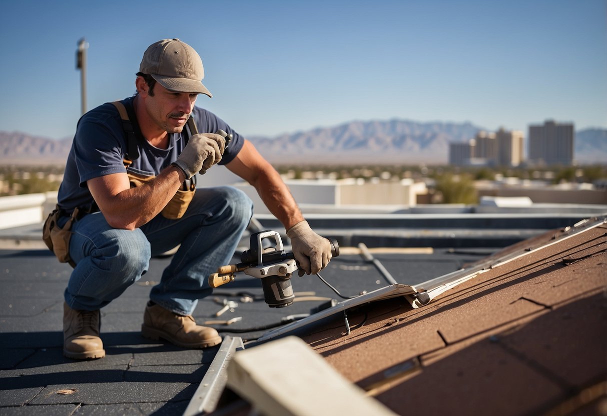 A roofer repairing a damaged roof in Las Vegas. Materials and tools scattered around. Blue sky and city skyline in the background