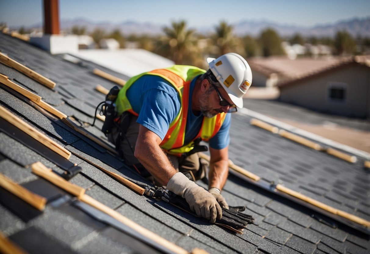 A crew installs shingles on a Las Vegas rooftop. Tools and safety equipment are scattered around the work area