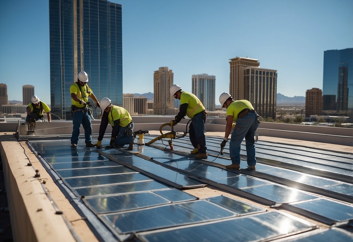 A group of professional roofers installing commercial roofing in Las Vegas under a clear blue sky, surrounded by tall buildings and the city skyline in the background