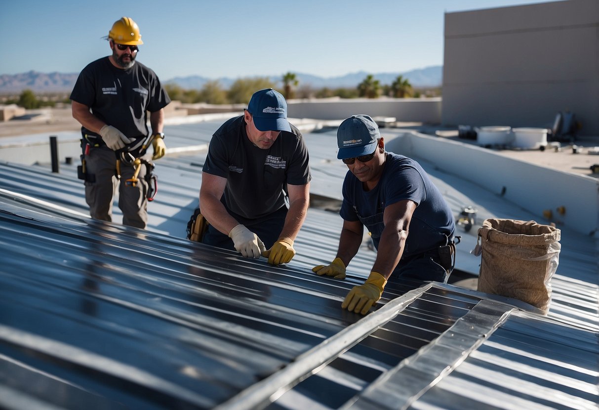 A crew installs a new commercial roof in Las Vegas, under a clear blue sky. The sun beats down on the workers as they carefully lay down the durable roofing material