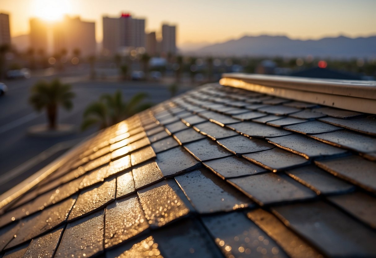 A roof with visible water dripping through the shingles in a desert setting, with the Las Vegas skyline in the background