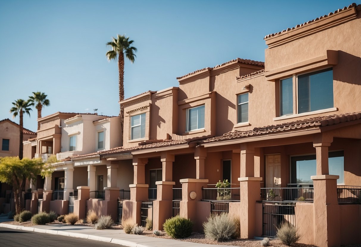 A sunny day in Las Vegas, with a clear blue sky and a row of houses featuring newly installed roofing