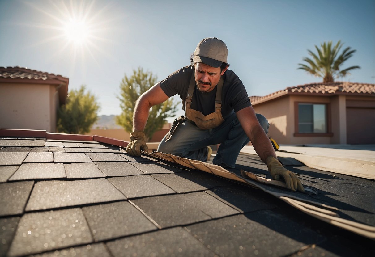A worker repairs a flat roof under the scorching Las Vegas sun. Shingles are being replaced, and a ladder leans against the side of the building