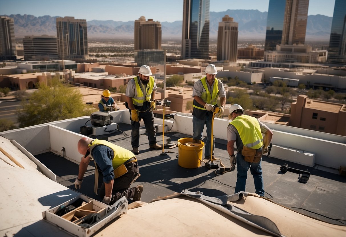 A crew repairing a Las Vegas roof, tools and materials scattered, under a bright sun with the city skyline in the background