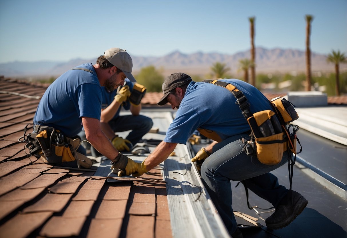 A local roofing company in Las Vegas is shown repairing a damaged roof, with workers using tools and materials to complete the job
