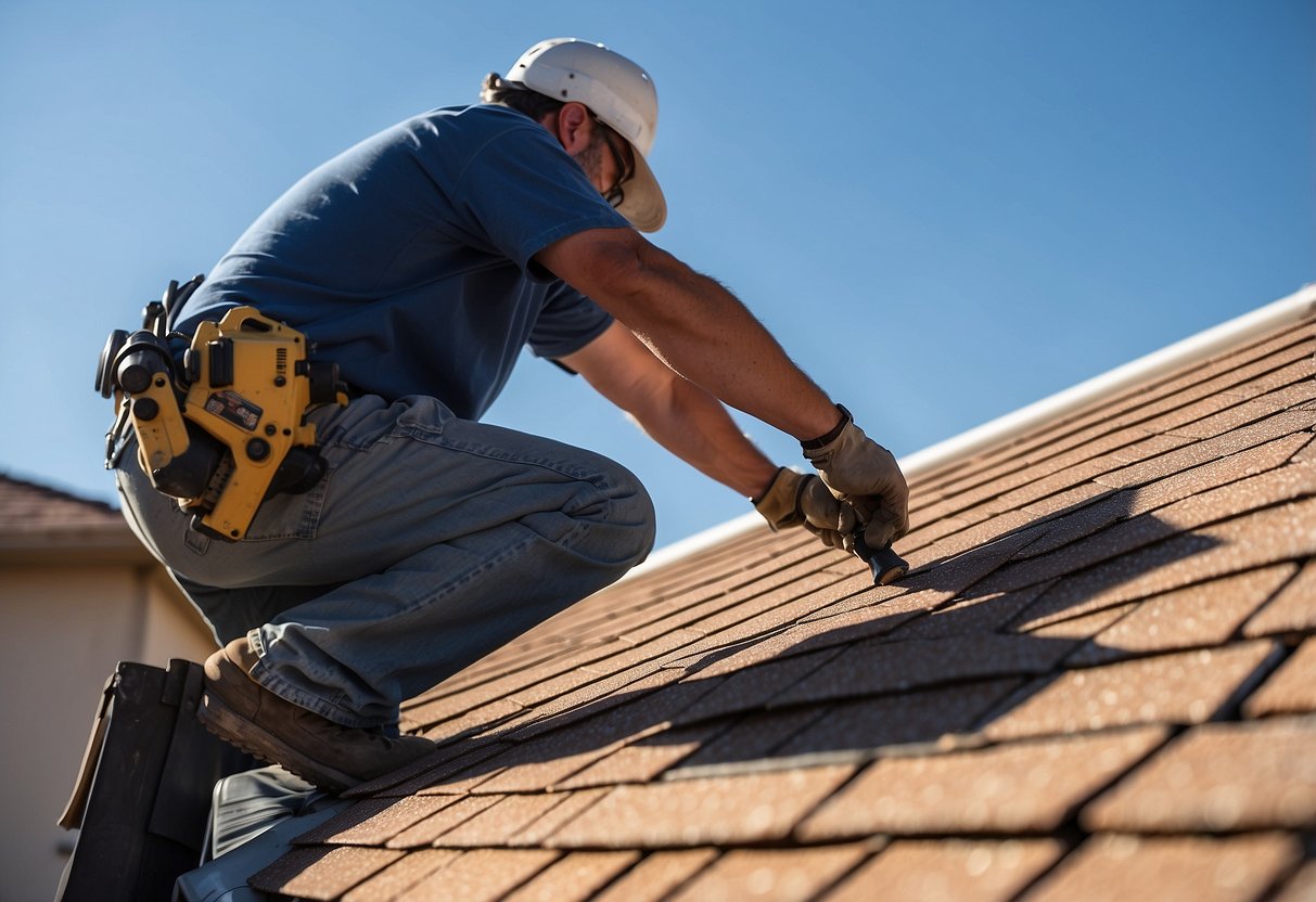 A roofer installing shingles on a new house in Las Vegas, with a clear blue sky in the background
