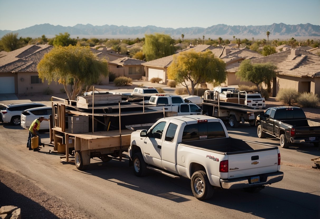 Several roofing companies' trucks parked outside Las Vegas homes with workers installing shingles and repairing roofs under the hot desert sun