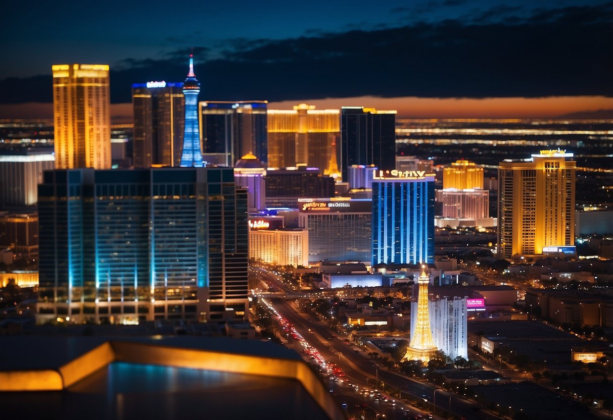 The bright lights of Las Vegas illuminate a skyline of buildings with various types of roofing, from sleek modern designs to classic shingled structures
