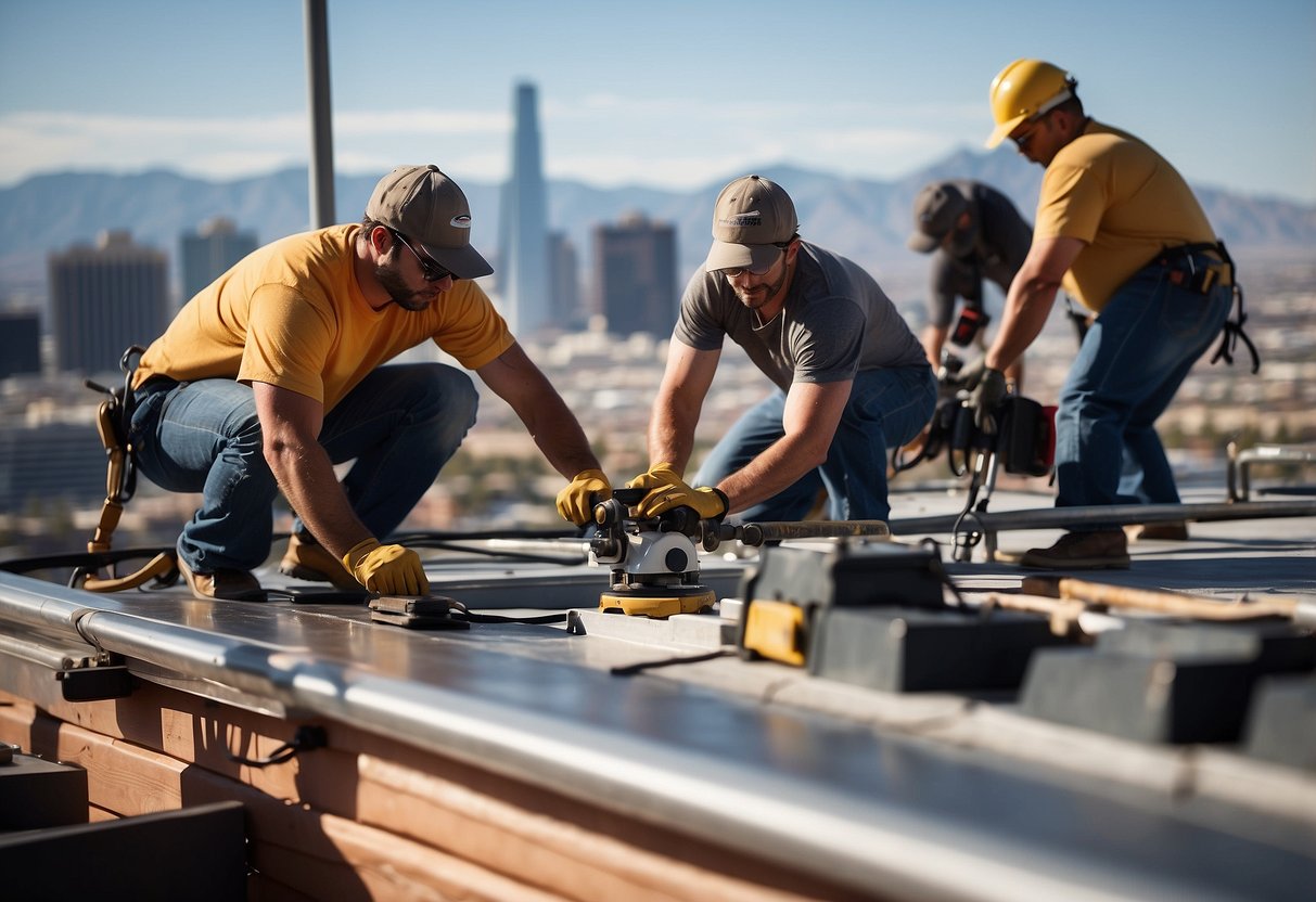 A sunny rooftop with a skyline backdrop, a team of roofers working on a Las Vegas building, using tools and equipment