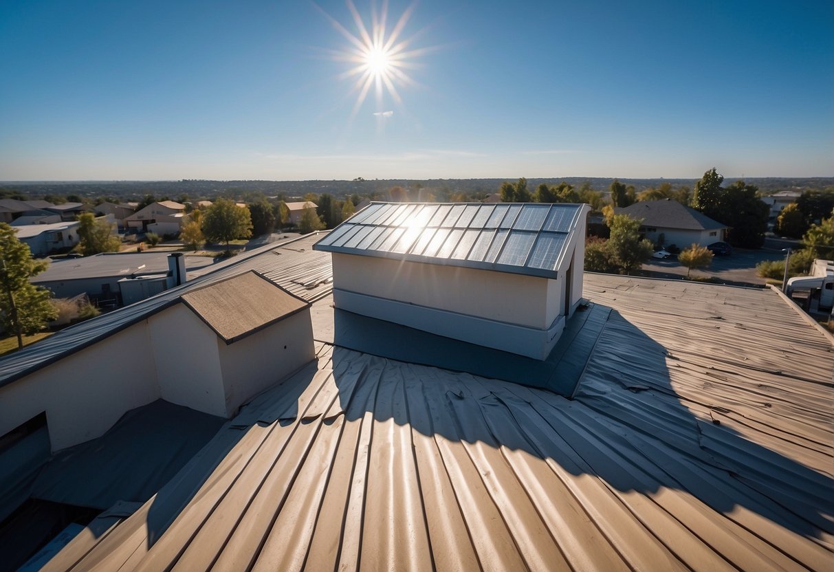 A sunny day with a clear blue sky, a sturdy and well-maintained roof with the company's logo prominently displayed, surrounded by happy and satisfied customers
